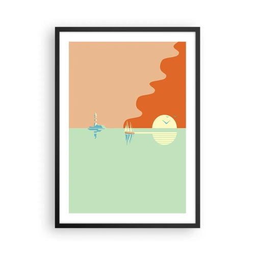 Poster in einem schwarzem Rahmen - Ein minimalistischer Sonnenuntergang mit einem Segelboot im Hintergrund - 50x70cm - Die perfekte Meereslandschaft - Moderne Wanddekoration für Wohnzimmer und Schlafzimmer ARTTOR