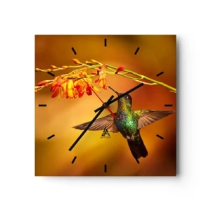 Wanduhr - Glasuhr - Kolibri neben einer Blume im warmen Licht - 30x30cm - Ein Lichtbote nach den Maya - Moderne Wanddekoration für Wohnzimmer und Schlafzimmer ARTTOR