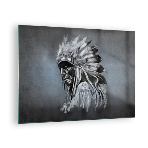 Glasbild - Bild auf glas - Porträt eines Mannes mit Federkopfschmuck vor dunkelgrauem Hintergrund - 70x50cm - Zurück zu den Wurzeln - Moderne Wanddekoration für Wohnzimmer und Schlafzimmer ARTTOR