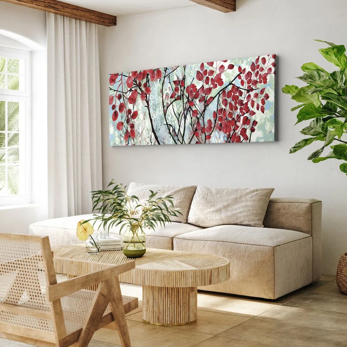 Bild auf Leinwand - Leinwandbild - Rote Blätter vor einem hellen Himmel mit abstrakten Mustern - 140x50cm - Baum in Scharlachrot - Moderne Wanddekoration für Wohnzimmer und Schlafzimmer ARTTOR