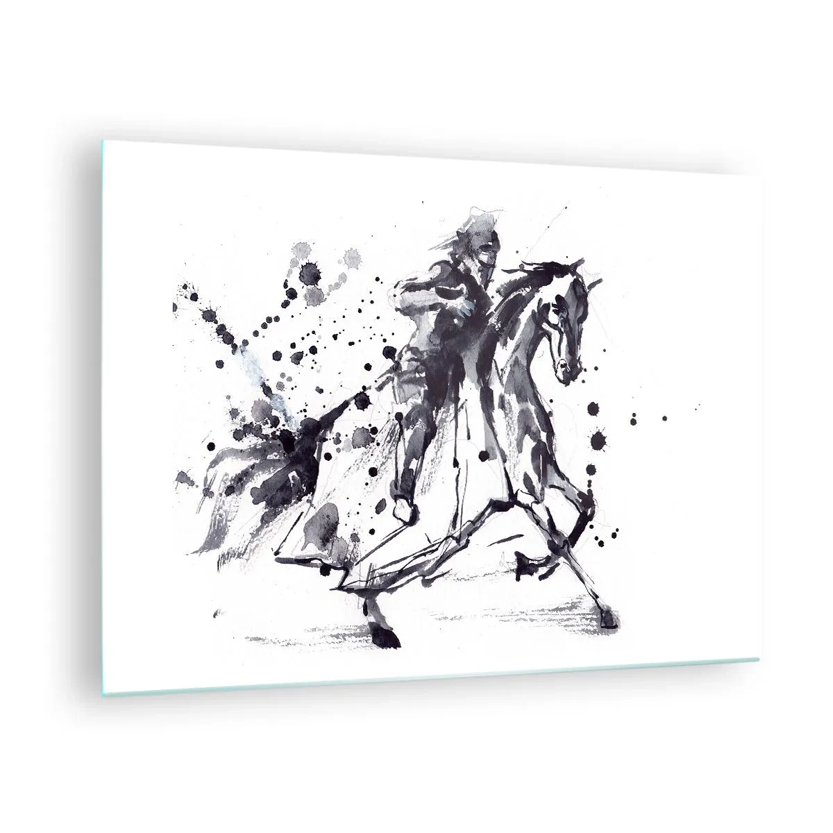 Glasbild - Bild auf glas - Schwarz-Weiß-Gemälde eines Reiters auf einem Pferd im abstrakten Stil - 70x50cm - Schwarzer Ritter - Moderne Wanddekoration für Wohnzimmer und Schlafzimmer ARTTOR
