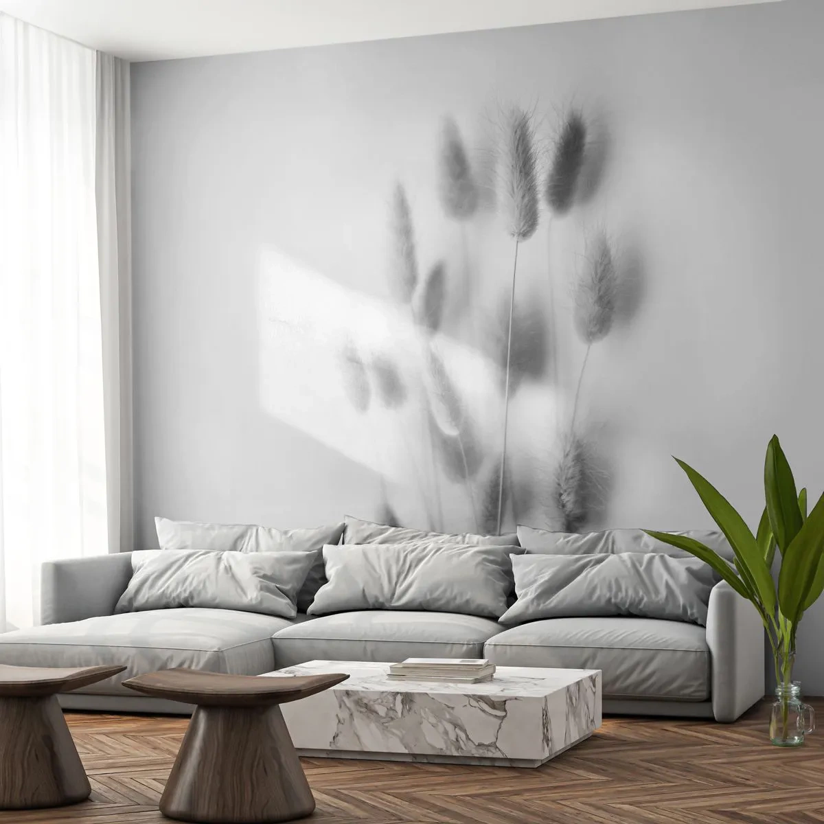 Fototapete Standard Eco - Eure flauschige Grashoheit - Gras, Schwarz und weiß, Blumen - 250x175 cm