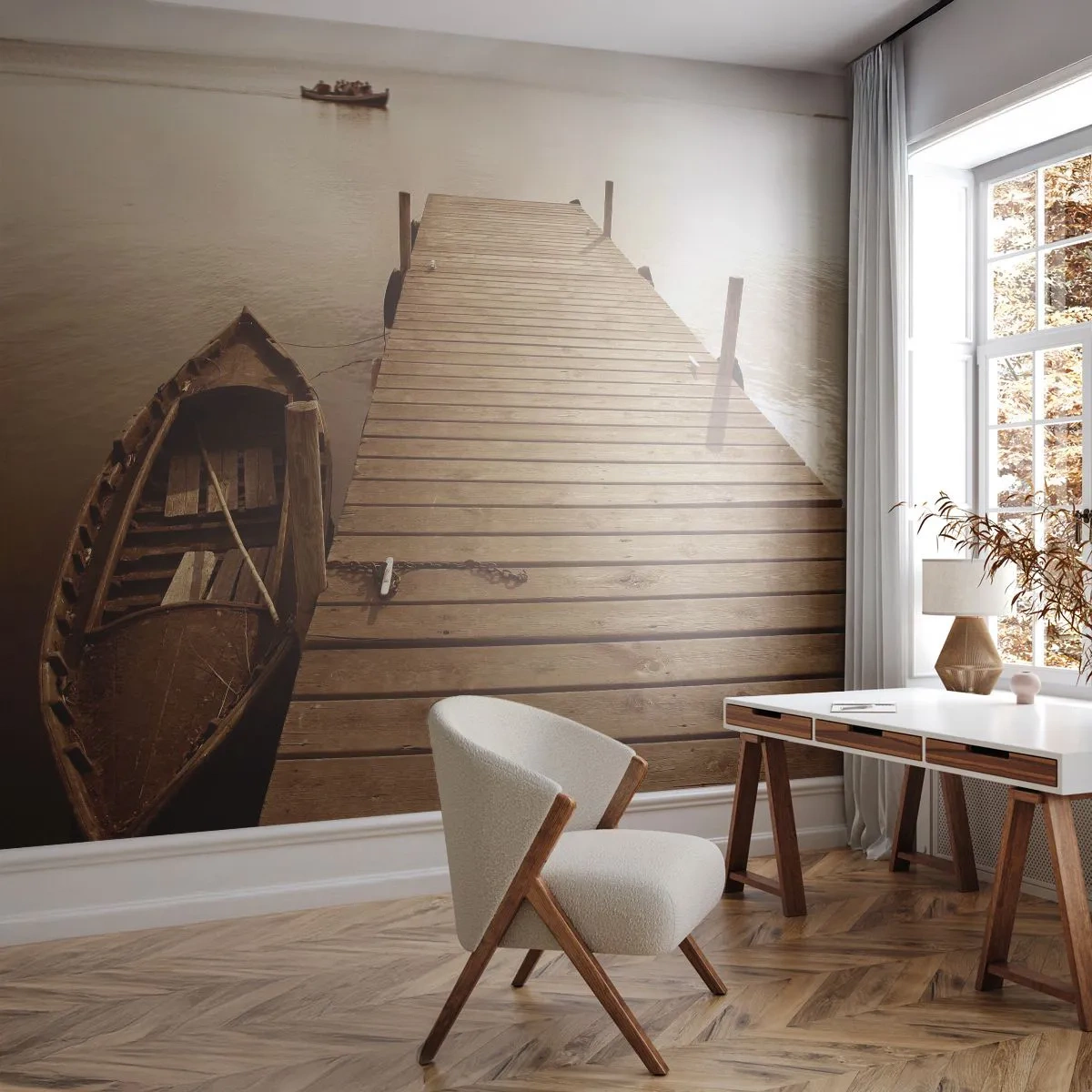 Fototapete Premium Sand - Großer Frieden - Landschaft, See, Holzbrücke - 350x256 cm