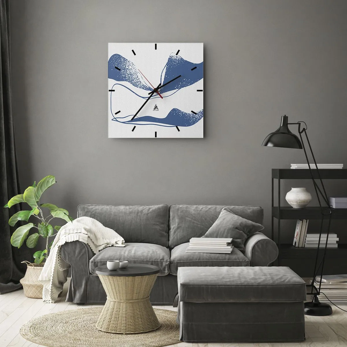 Wanduhr - Glasuhr - Abstrakte Formen in Blautönen auf weißem Hintergrund - 30x30cm - Geflügelte Abstraktion - Moderne Wanddekoration für Wohnzimmer und Schlafzimmer ARTTOR