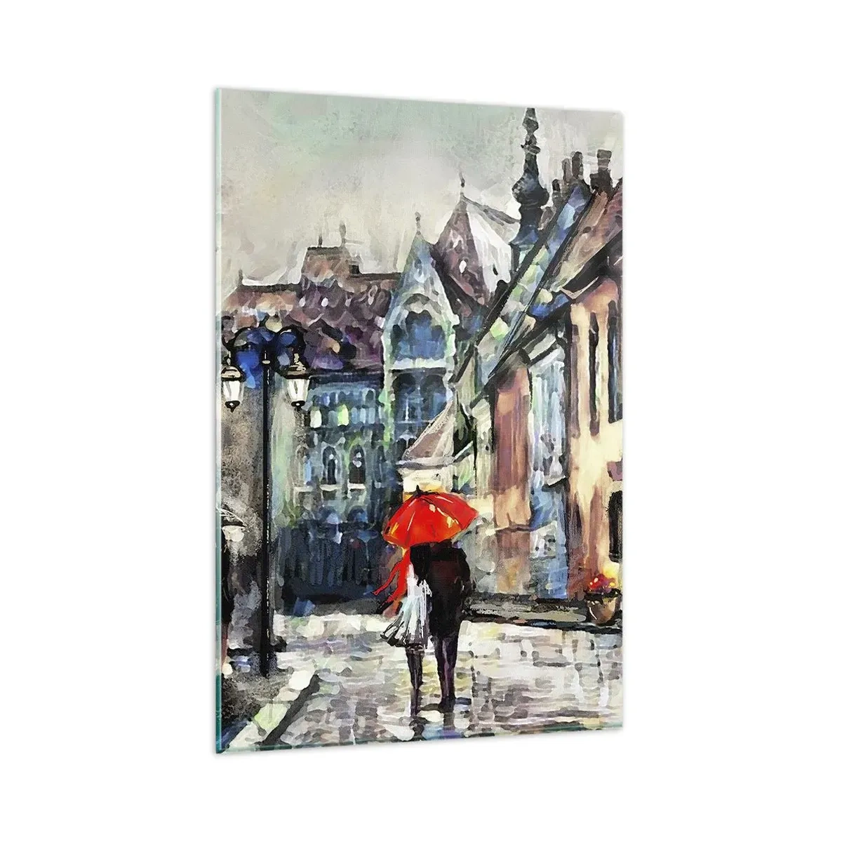 Glasbild - Bild auf glas - Eine charmante Stadtstraße mit einem Paar unter einem roten Regenschirm - 80x120cm - Regen für Zwei - Moderne Wanddekoration für Wohnzimmer und Schlafzimmer ARTTOR