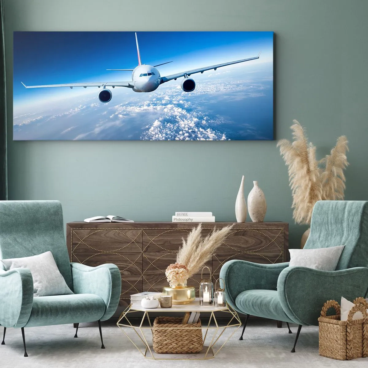Bild auf Leinwand - Leinwandbild - Ein Flugzeug fliegt über den Wolken vor blauem Himmel - 120x50cm - Ich fliege, weil ich es kann - Moderne Wanddekoration für Wohnzimmer und Schlafzimmer ARTTOR