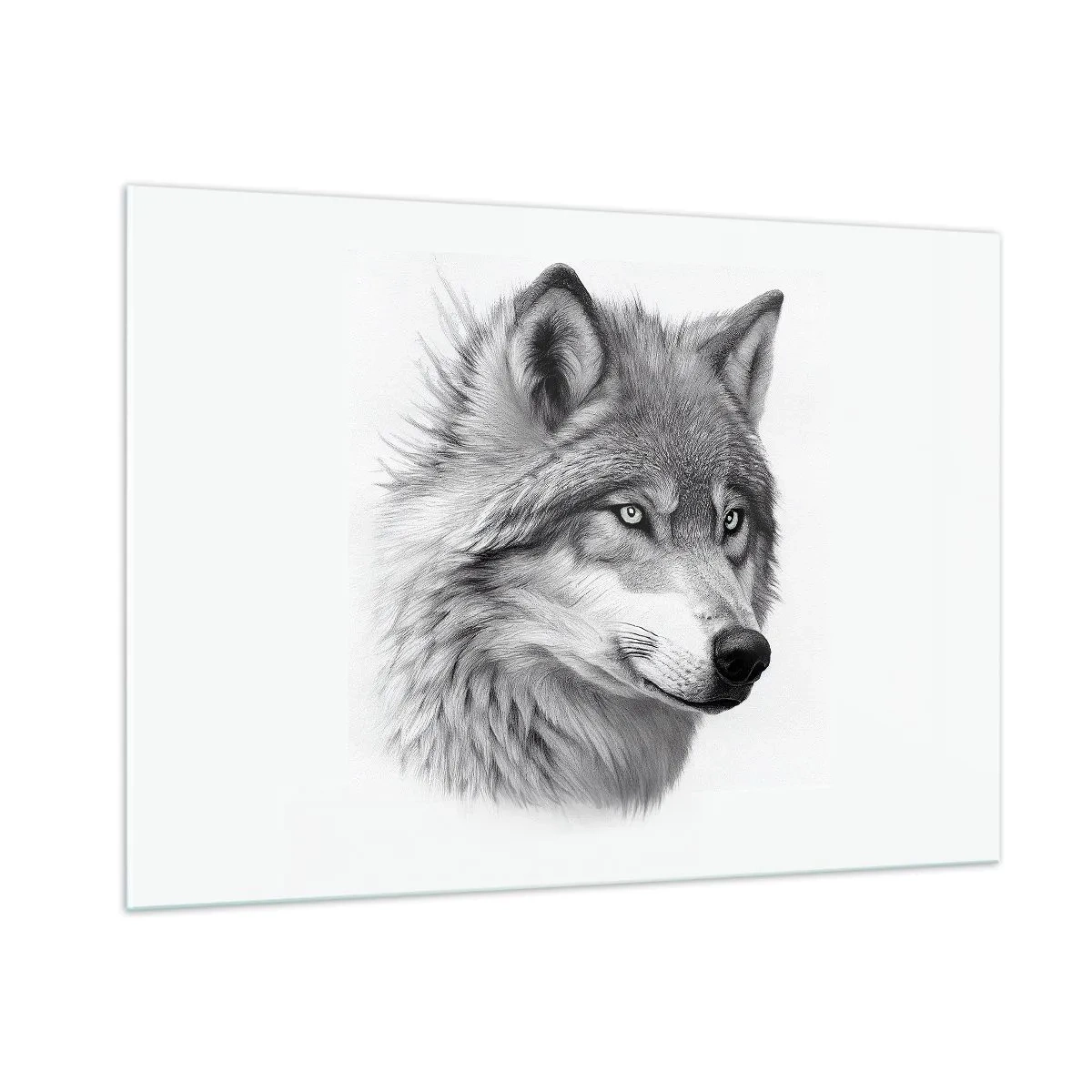 Glasbild - Bild auf glas - Schwarz-Weiß-Porträt eines Wolfes mit durchdringendem Blick - 100x70cm - Alpha – ohne Zweifel - Moderne Wanddekoration für Wohnzimmer und Schlafzimmer ARTTOR