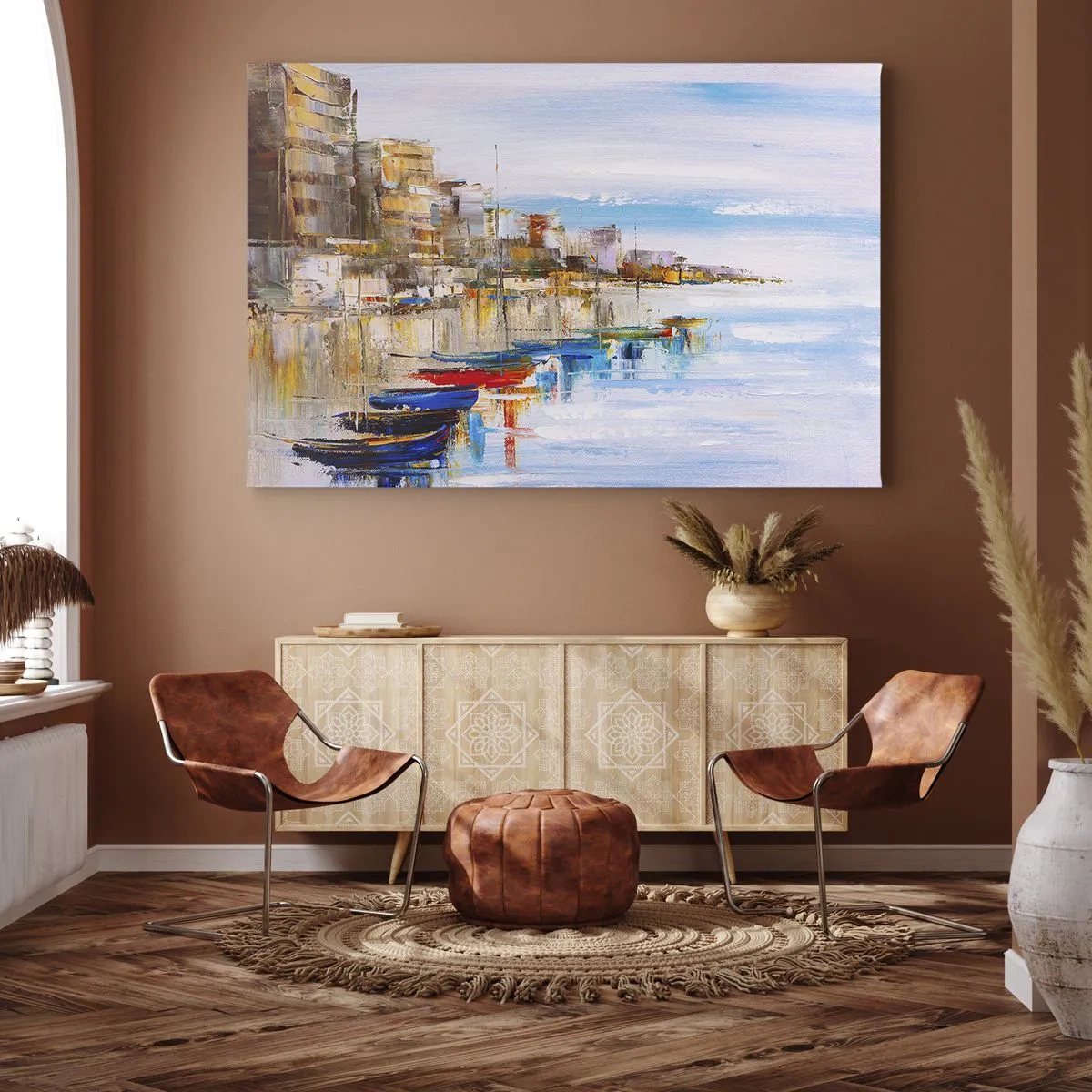Bild auf Leinwand - Leinwandbild - Bunte Boote am Ufer mit Blick auf die Skyline der Stadt - 70x50cm - Bunte urbane Oase - Moderne Wanddekoration für Wohnzimmer und Schlafzimmer ARTTOR