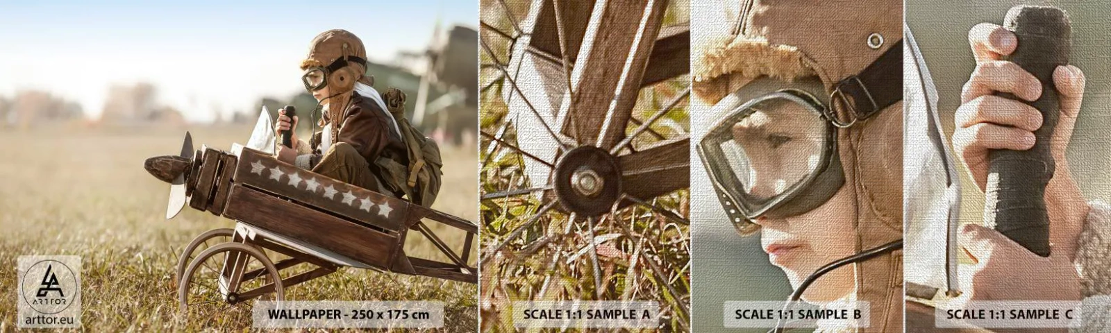 Fototapeten Muster Premium Canvas - Start in Richtung eines Traums - Junge, Flugzeug, Jahrgang - 100x30 cm