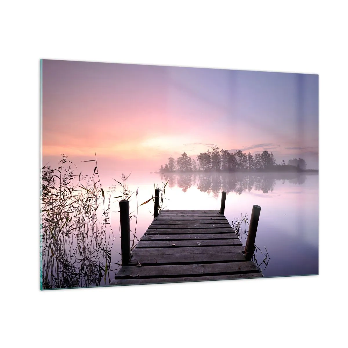 Glasbild - Bild auf glas - Ein Pier bei Sonnenaufgang über einem ruhigen See - 100x70cm - Aus dem lila Nebel ... - Moderne Wanddekoration für Wohnzimmer und Schlafzimmer ARTTOR