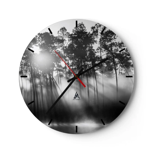 Wanduhr - Glasuhr - Ein Schwarzweißfoto eines in Nebel gehüllten Waldes bei Sonnenaufgang. - 30x30cm - Unaufhaltsame Sonne - Moderne Wanddekoration für Wohnzimmer, Küche und Schlafzimmer ARTTOR