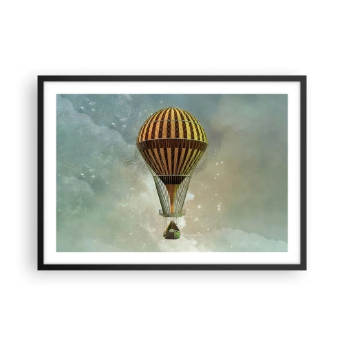 Poster in einem schwarzem Rahmen - Ein Heißluftballon, der zwischen den Wolken schwebt - 70x50cm - Pionierflüge - Moderne Wanddekoration für Wohnzimmer und Schlafzimmer ARTTOR