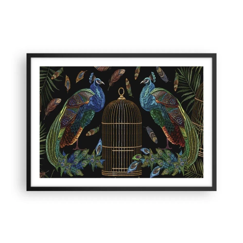 Poster in einem schwarzem Rahmen - Pfauen neben einem goldenen Käfig auf schwarzem Hintergrund - 70x50cm - In königlichen Gewändern - Moderne Wanddekoration für Wohnzimmer und Schlafzimmer ARTTOR