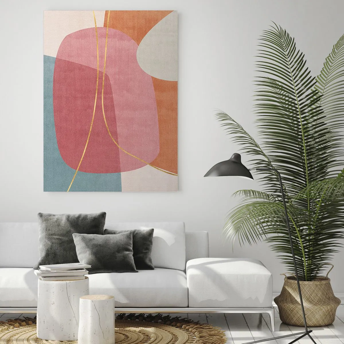 Glasbild - Bild auf glas - Abstrakte Formen in Pastellfarben mit zarten Linien - 70x100cm - Pastellkomposition mit Goldfaden - Moderne Wanddekoration für Wohnzimmer und Schlafzimmer ARTTOR