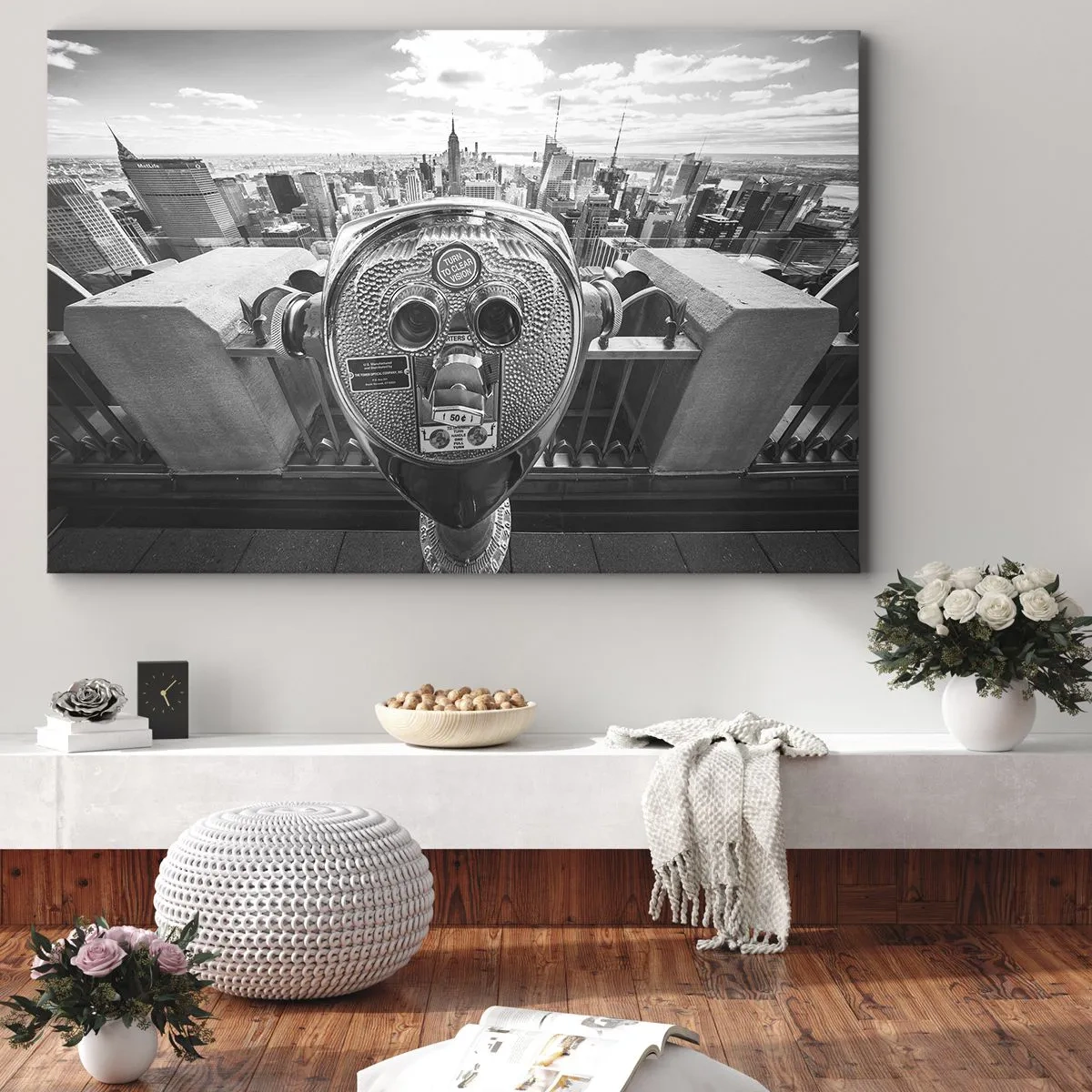 Bild auf Leinwand - Leinwandbild - Monochromer Blick durch das Teleskop auf das Stadtpanorama - 120x80cm - Stadt über den Städten - Moderne Wanddekoration für Wohnzimmer und Schlafzimmer ARTTOR