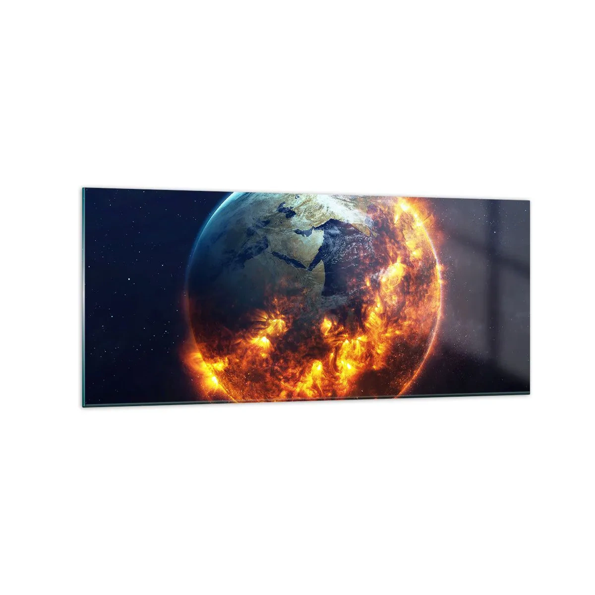 Glasbild - Bild auf glas - Der Planet Erde brennt im Weltraum - 120x50cm - Die Flamme der Apokalypse - Moderne Wanddekoration für Wohnzimmer und Schlafzimmer ARTTOR