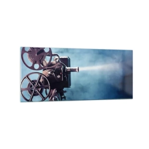 Glasbild - Bild auf glas - Ein alter Filmprojektor wirft Licht vor einen blauen Hintergrund - 120x50cm - Im alten Kino - Moderne Wanddekoration für Wohnzimmer und Schlafzimmer ARTTOR