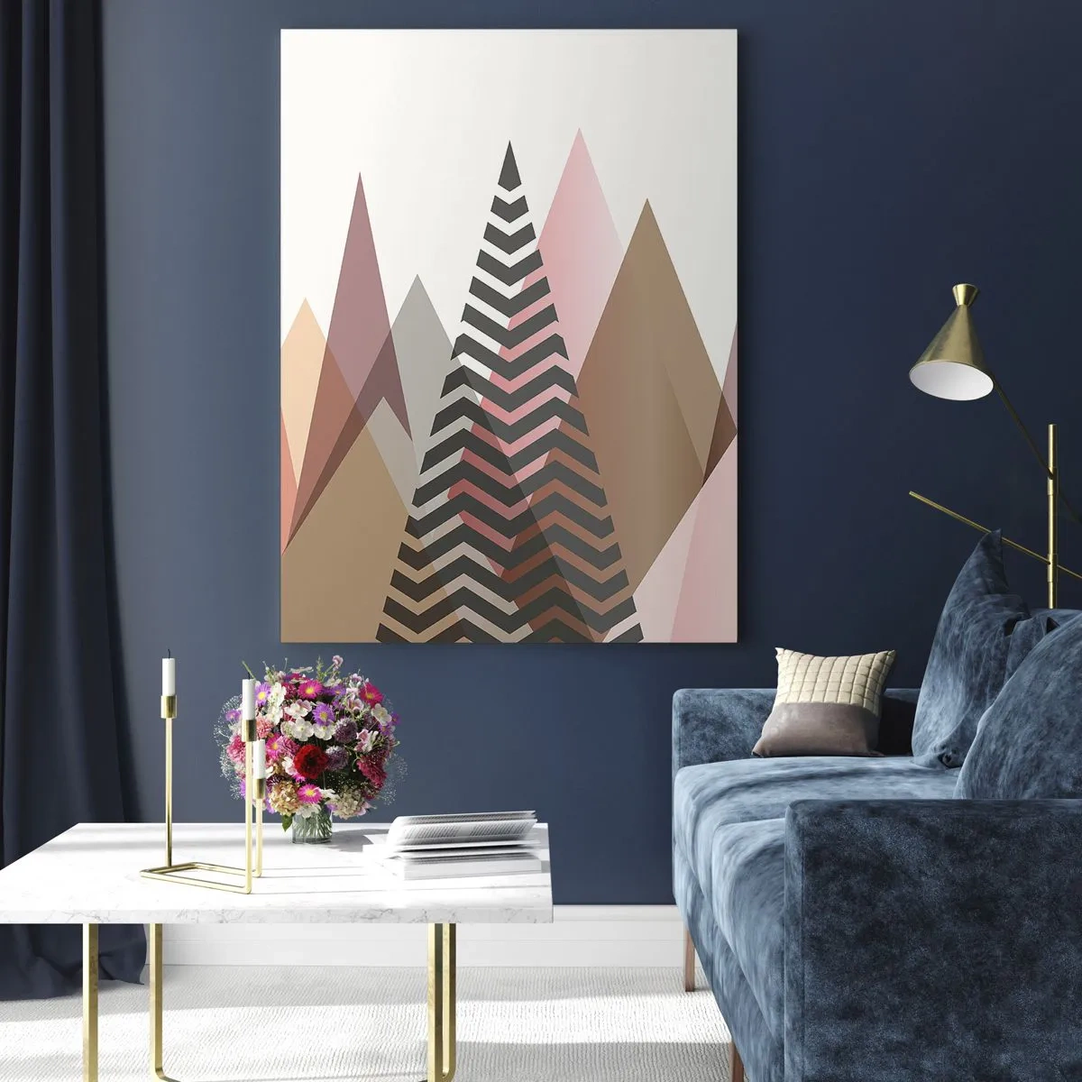 Glasbild - Bild auf glas - Geometrische Pastellberge mit zentralem Muster - 50x70cm - Pyramidale Aussicht - Moderne Wanddekoration für Wohnzimmer und Schlafzimmer ARTTOR