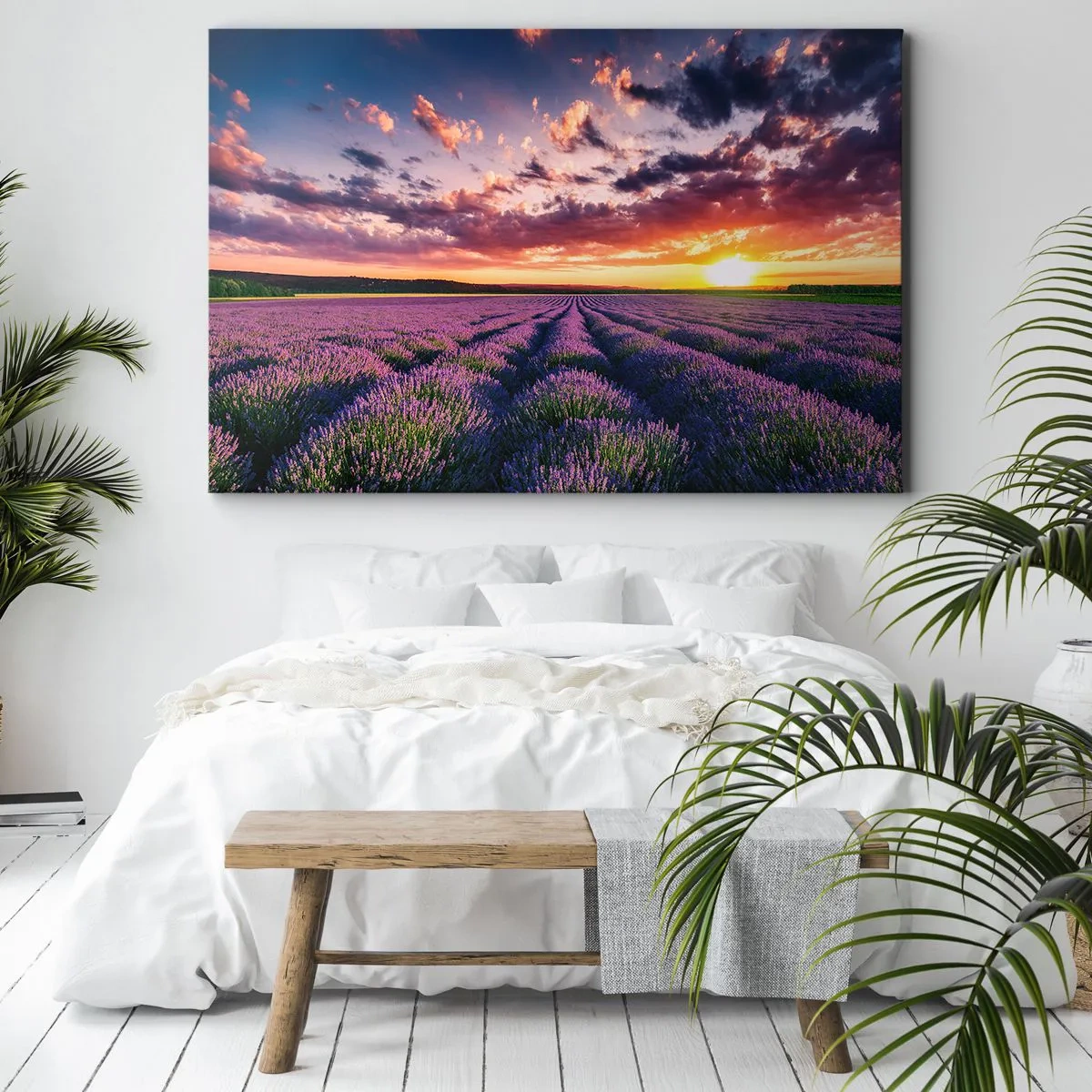 Bild auf Leinwand - Leinwandbild - Ein Lavendelfeld bei Sonnenuntergang mit einem farbenfrohen Himmel - 70x50cm - Lavendel Welt - Moderne Wanddekoration für Wohnzimmer und Schlafzimmer ARTTOR