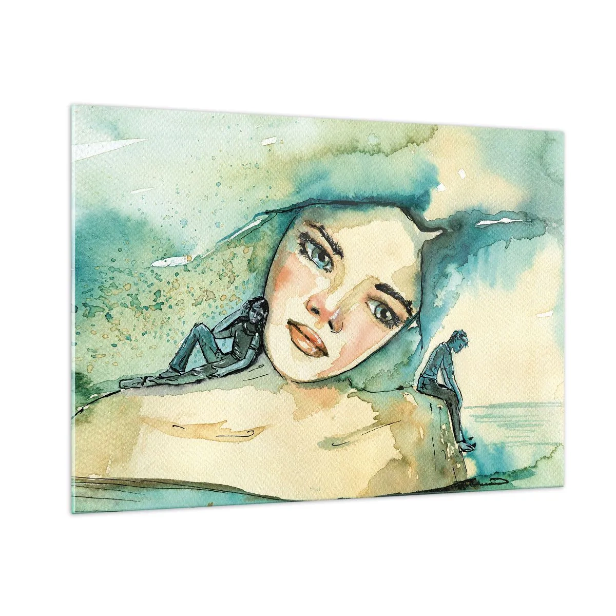 Glasbild - Bild auf glas - Porträt einer Frau im Aquarellstil mit Silhouetten von Figuren - 100x70cm - Bin ich blau? - Moderne Wanddekoration für Wohnzimmer und Schlafzimmer ARTTOR