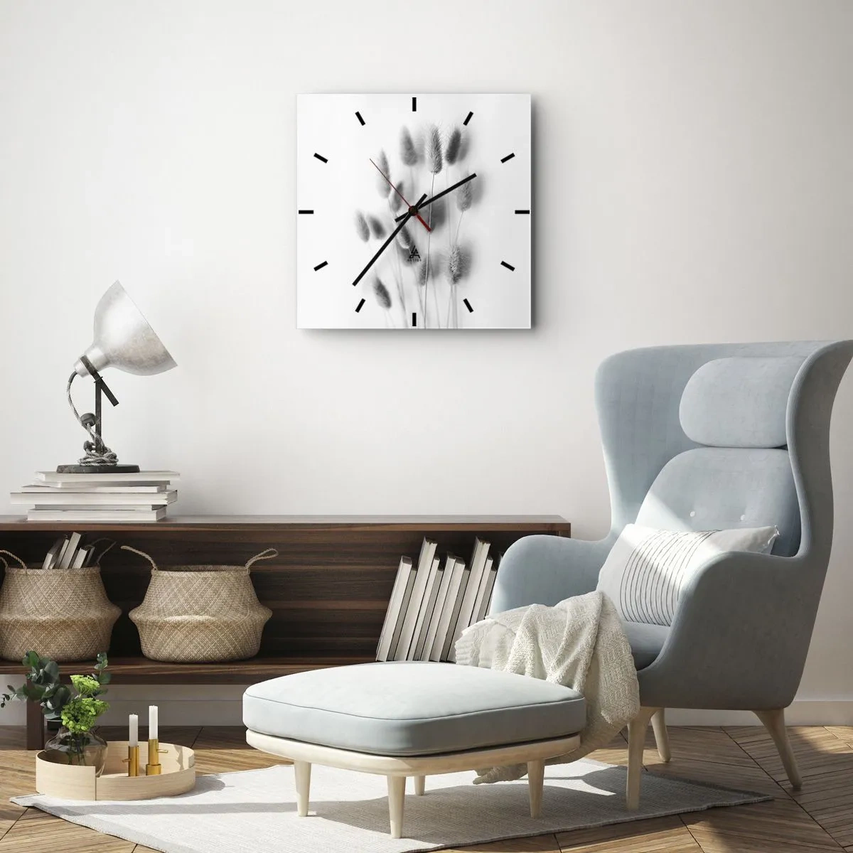 Wanduhr - Glasuhr - Zarte Gräser in Grautönen auf weißem Hintergrund - 30x30cm - Eure flauschige Grashoheit - Moderne Wanddekoration für Wohnzimmer und Schlafzimmer ARTTOR