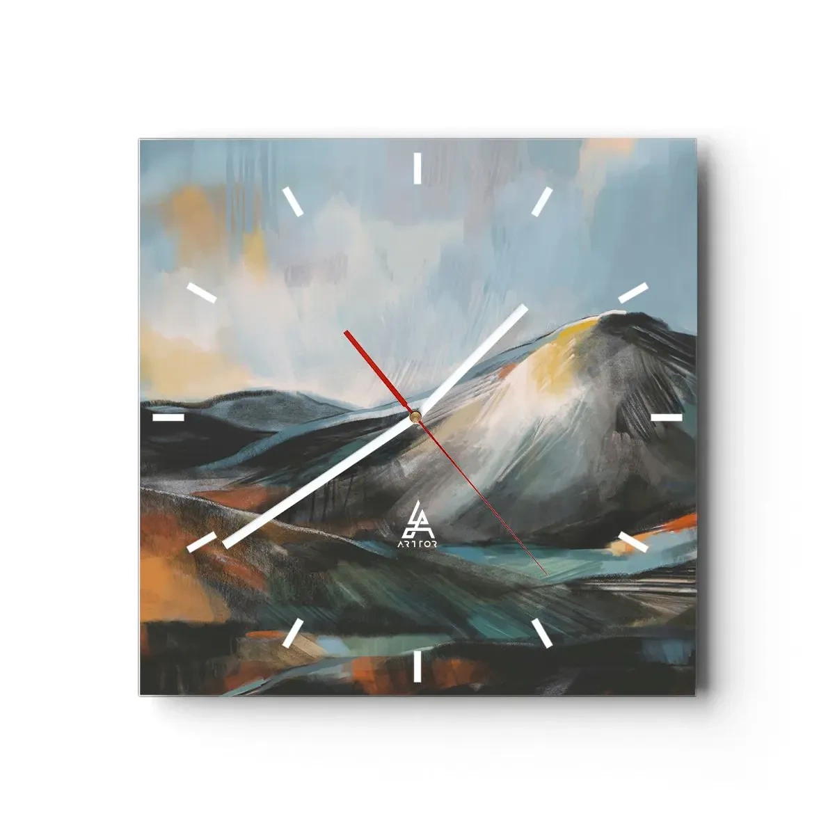 Wanduhr - Glasuhr - Abstrakte Berglandschaft in warmen Farbtönen - 30x30cm - Roh und schön - Moderne Wanddekoration für Wohnzimmer und Schlafzimmer ARTTOR