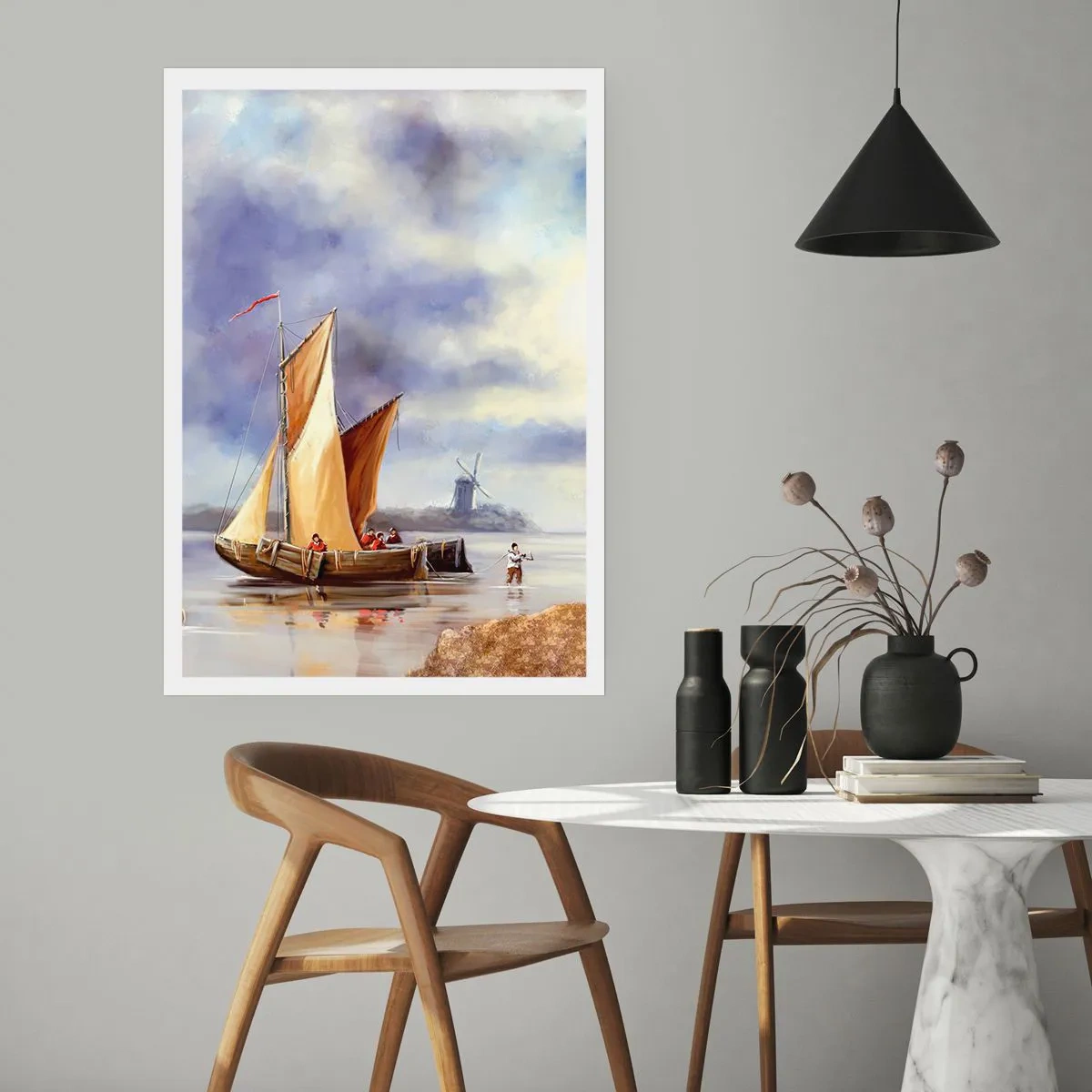 Poster - Ein Segelschiff am Ufer mit einer Windmühle im Hintergrund - 50x70cm - Die Rückkehr der Seeleute - Moderne Wanddekoration für Wohnzimmer und Schlafzimmer ARTTOR