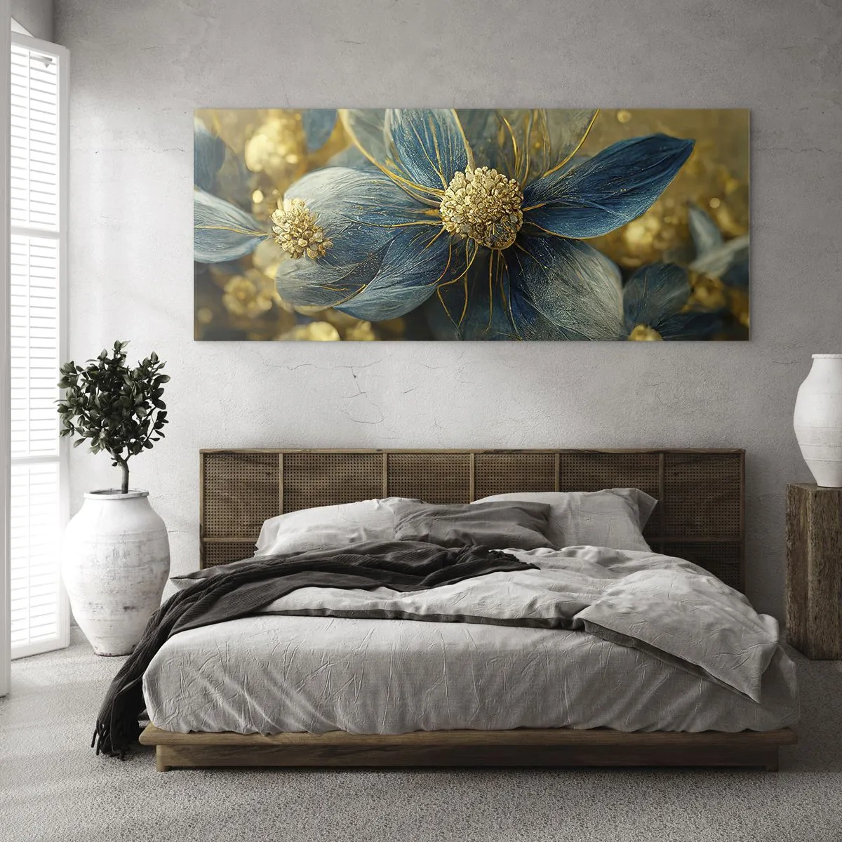 Glasbild - Bild auf glas - Elegante Blumen in Blau- und Goldtönen - 140x50cm - Mit Gold blühen - Moderne Wanddekoration für Wohnzimmer und Schlafzimmer ARTTOR