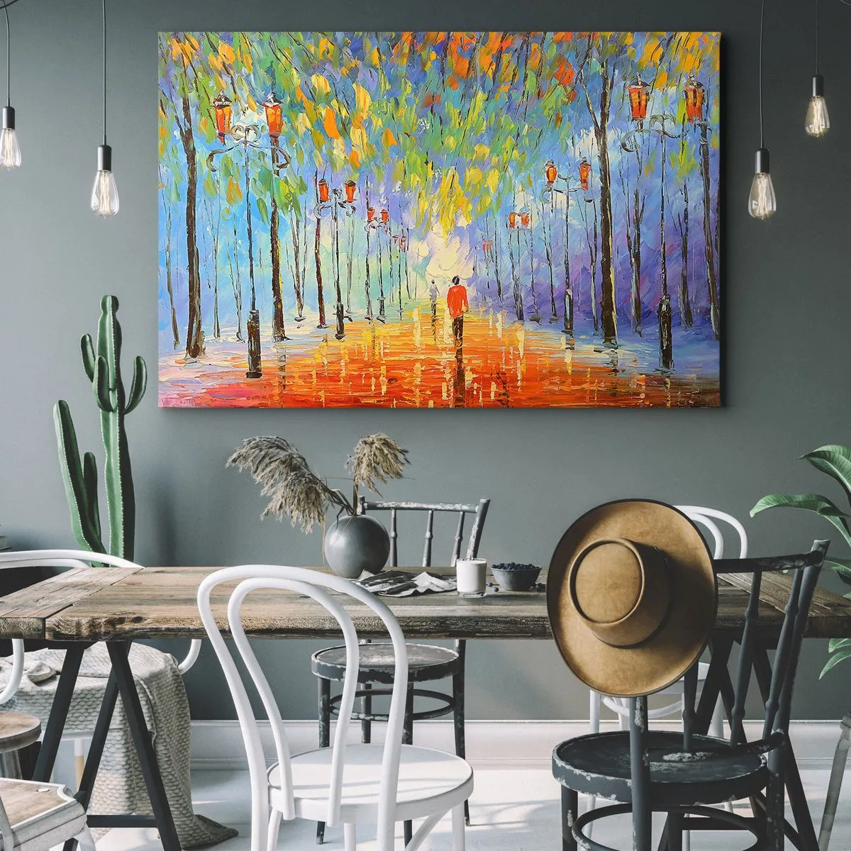 Bild auf Leinwand - Leinwandbild - Ein malerischer Spaziergang zwischen den Laternen in einer regnerischen Nacht - 100x70cm - Nachtlied des Regens - Moderne Wanddekoration für Wohnzimmer und Schlafzimmer ARTTOR