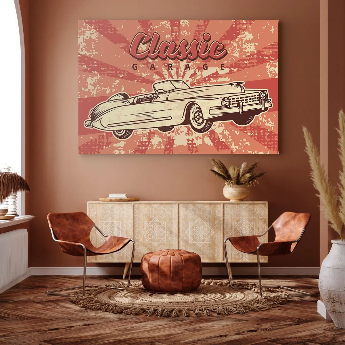 Bild auf Leinwand - Leinwandbild - Retro-Poster mit einem Oldtimer und der Aufschrift „Classic Garage“ - 70x50cm - Und im Radio, Elvis - Moderne Wanddekoration für Wohnzimmer und Schlafzimmer ARTTOR