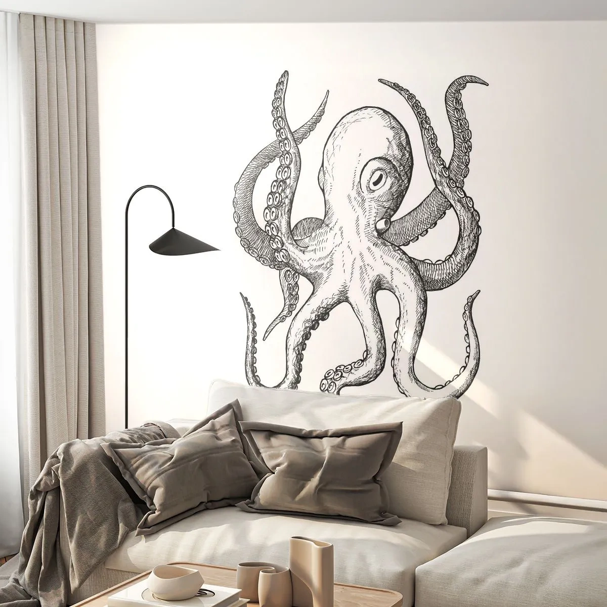 Fototapete Premium Sand - Mit den Wellen tanzen - Oktopus, Zeichnung, Strand - 100x70 cm