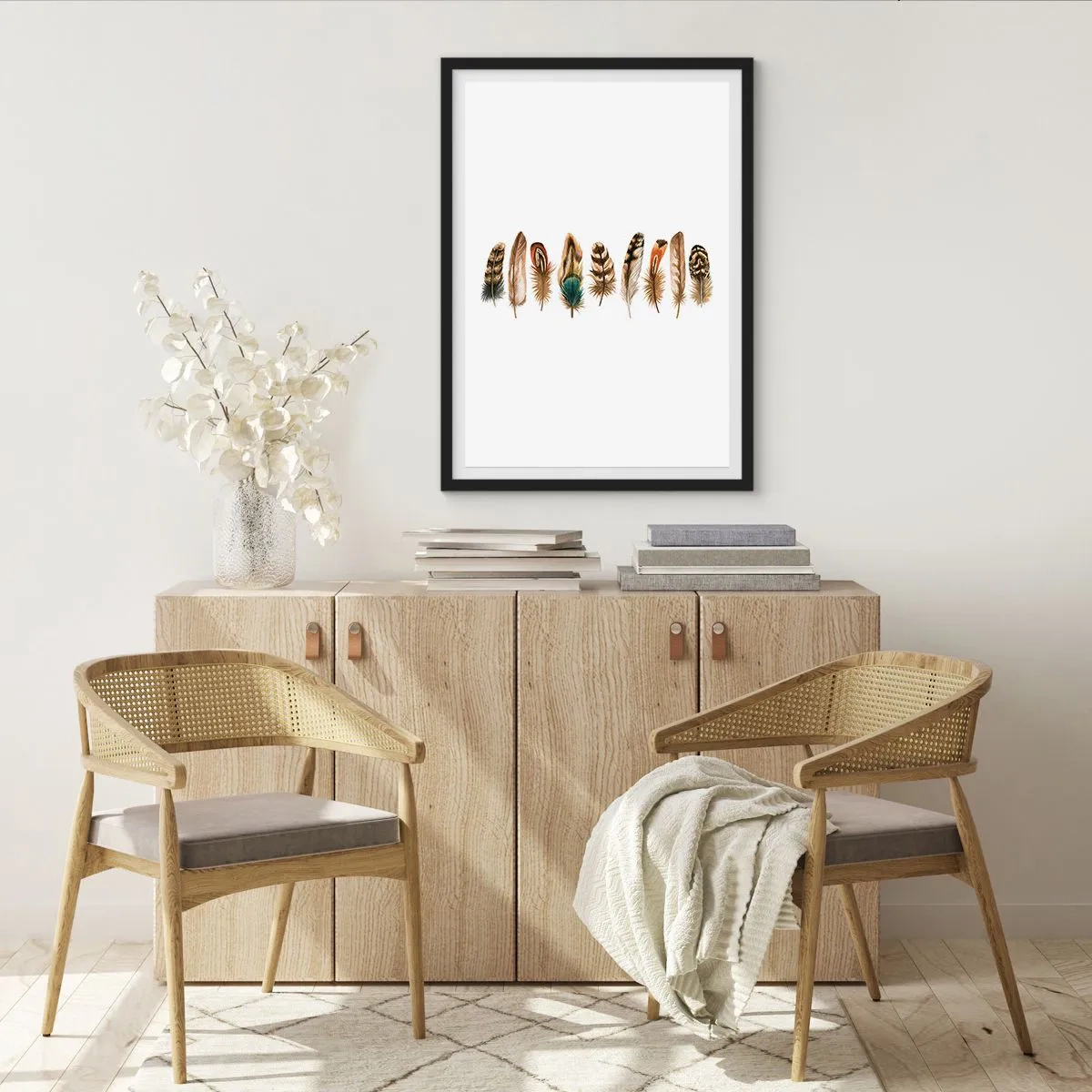 Poster in einem schwarzem Rahmen - Bunte Federn in einer Reihe - 50x70cm - Eine federleichte Variante - Moderne Wanddekoration für Wohnzimmer und Schlafzimmer ARTTOR