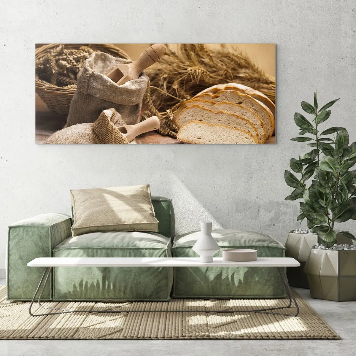 Glasbild - Bild auf glas - Eine Landschaft mit Brot, Mehl und Ähren im rustikalen Stil. - 140x50cm - Wie mit einem Messer geschnitten - Moderne Wanddekoration für Wohnzimmer und Schlafzimmer ARTTOR