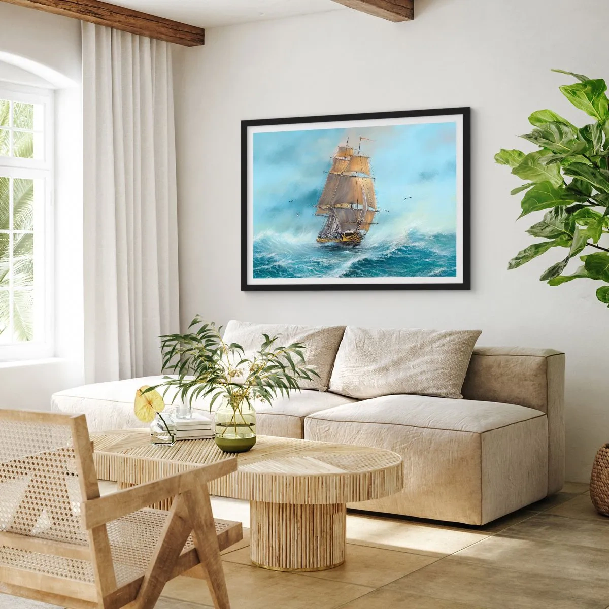 Poster in einem schwarzem Rahmen - Ein Segelschiff auf stürmischer See - 70x50cm - Über die Wellen gleiten - Moderne Wanddekoration für Wohnzimmer und Schlafzimmer ARTTOR