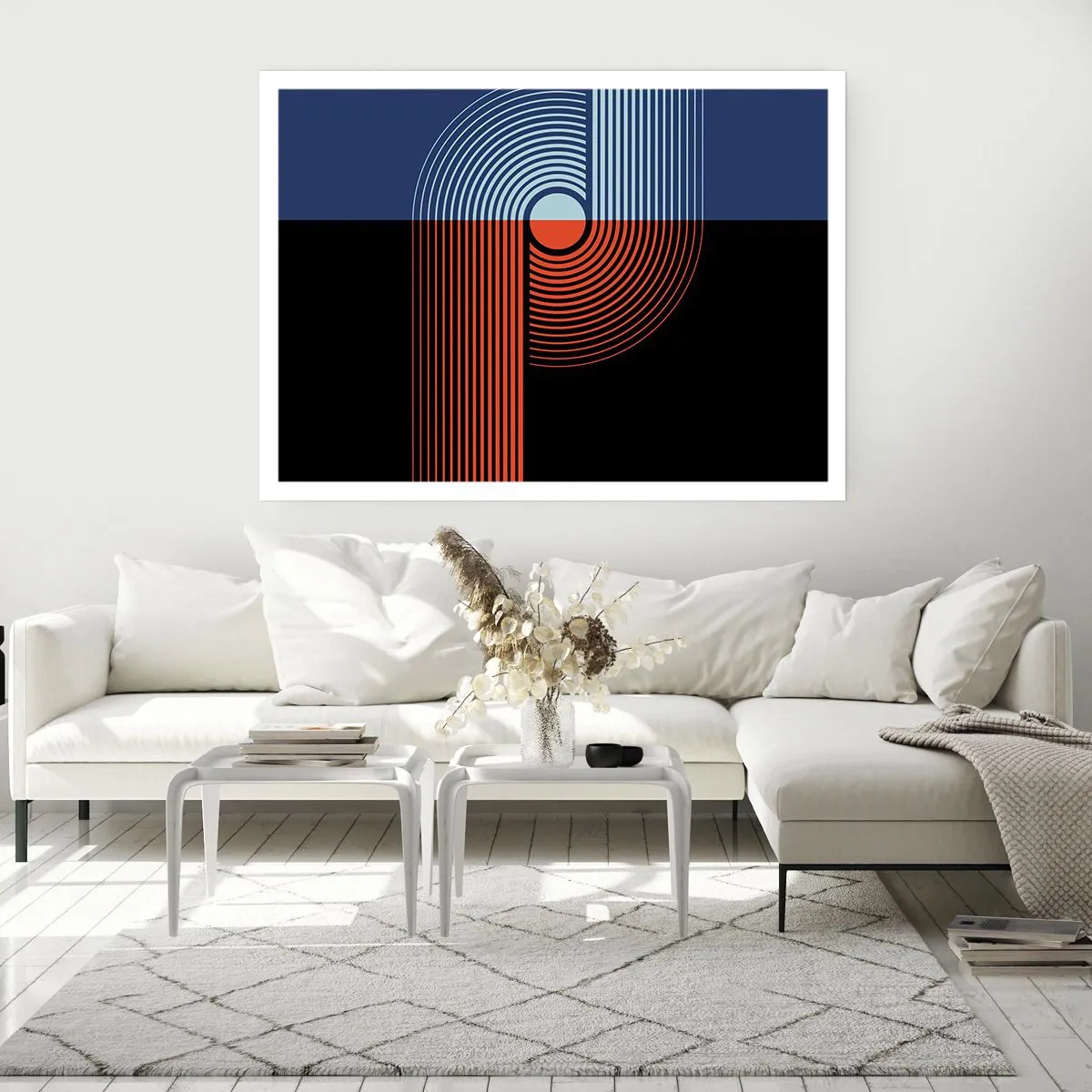 Poster - Geometrische Abstraktion mit Linien in Marineblau und Orange. - 100x70cm - In einer geometrischen Umarmung - Moderne Wanddekoration für Wohnzimmer und Schlafzimmer ARTTOR