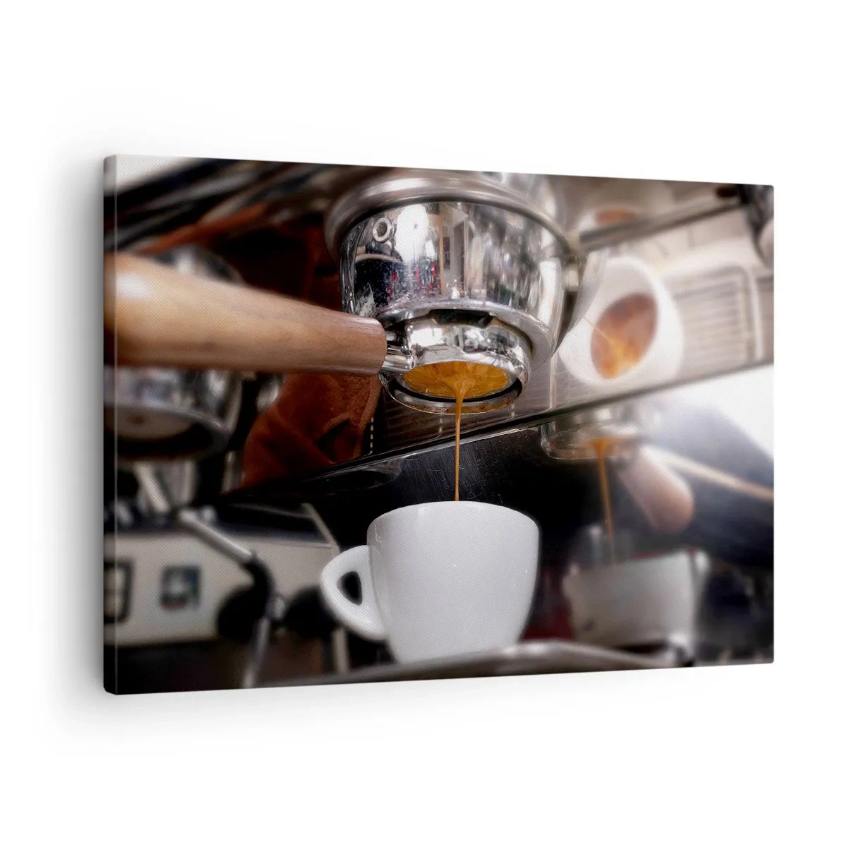 Bild auf Leinwand - Leinwandbild - Nahaufnahme einer Kaffeemaschine, die einen frischen Espresso zubereitet - 70x50cm - Gute Zeit des Tages - Moderne Wanddekoration für Wohnzimmer und Schlafzimmer ARTTOR