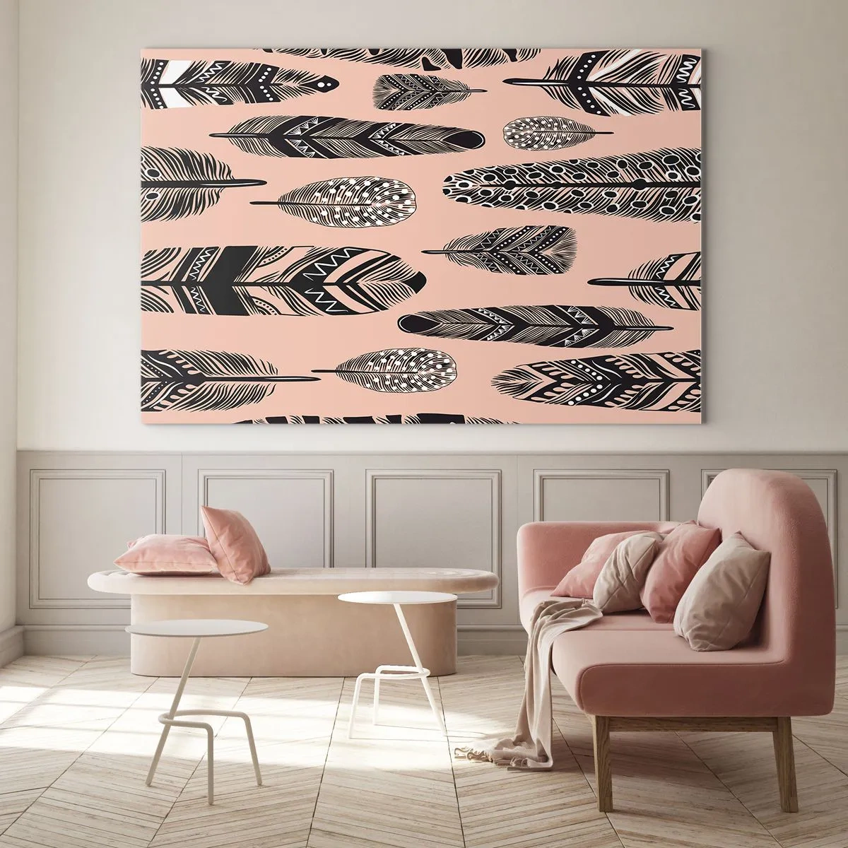 Glasbild - Bild auf glas - Dekorative Federn mit schwarz-weißem Muster auf rosa Hintergrund - 70x50cm - Indische Sammlung - Moderne Wanddekoration für Wohnzimmer und Schlafzimmer ARTTOR