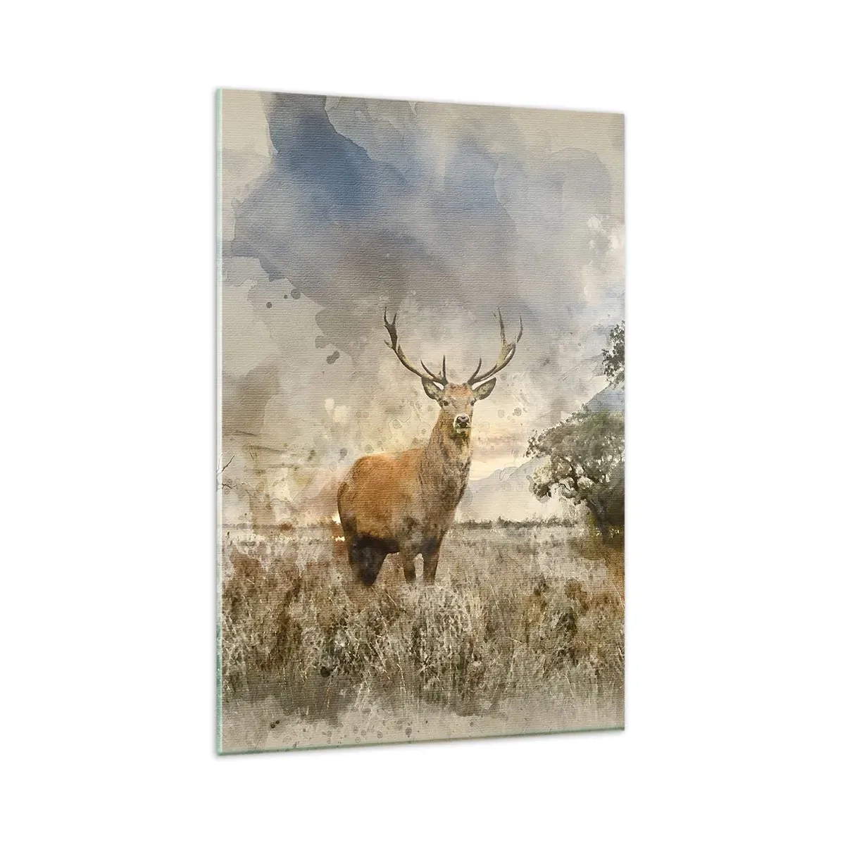 Glasbild - Bild auf glas - Ein Hirsch in einer natürlichen Umgebung im Aquarellstil - 80x120cm - Würde – Stärke – Würde - Moderne Wanddekoration für Wohnzimmer und Schlafzimmer ARTTOR