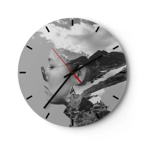 Wanduhr - Glasuhr - Doppelbelichtung eines Gesichts und einer Berglandschaft in Grautönen. - 30x30cm - Top und bewölktes Porträt - Moderne Wanddekoration für Wohnzimmer, Küche und Schlafzimmer ARTTOR