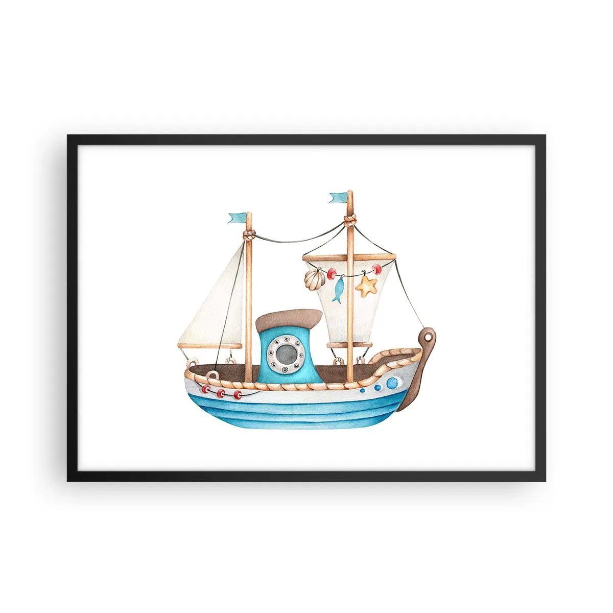 Poster in einem schwarzem Rahmen - Abbildung eines Schiffes in Pastellfarben auf weißem Hintergrund - 70x50cm - Ahoi, Abenteuer! - Moderne Wanddekoration für Wohnzimmer und Schlafzimmer ARTTOR