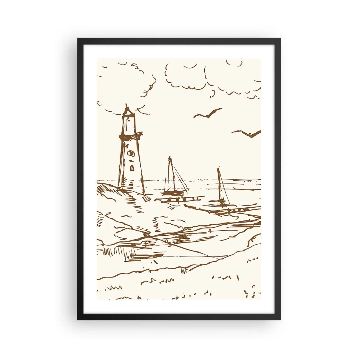 Poster in einem schwarzem Rahmen - Leuchtturm mit Booten und Vögeln - 50x70cm - Ein Überblick über die Erinnerungen an den Sommer - Moderne Wanddekoration für Wohnzimmer und Schlafzimmer ARTTOR