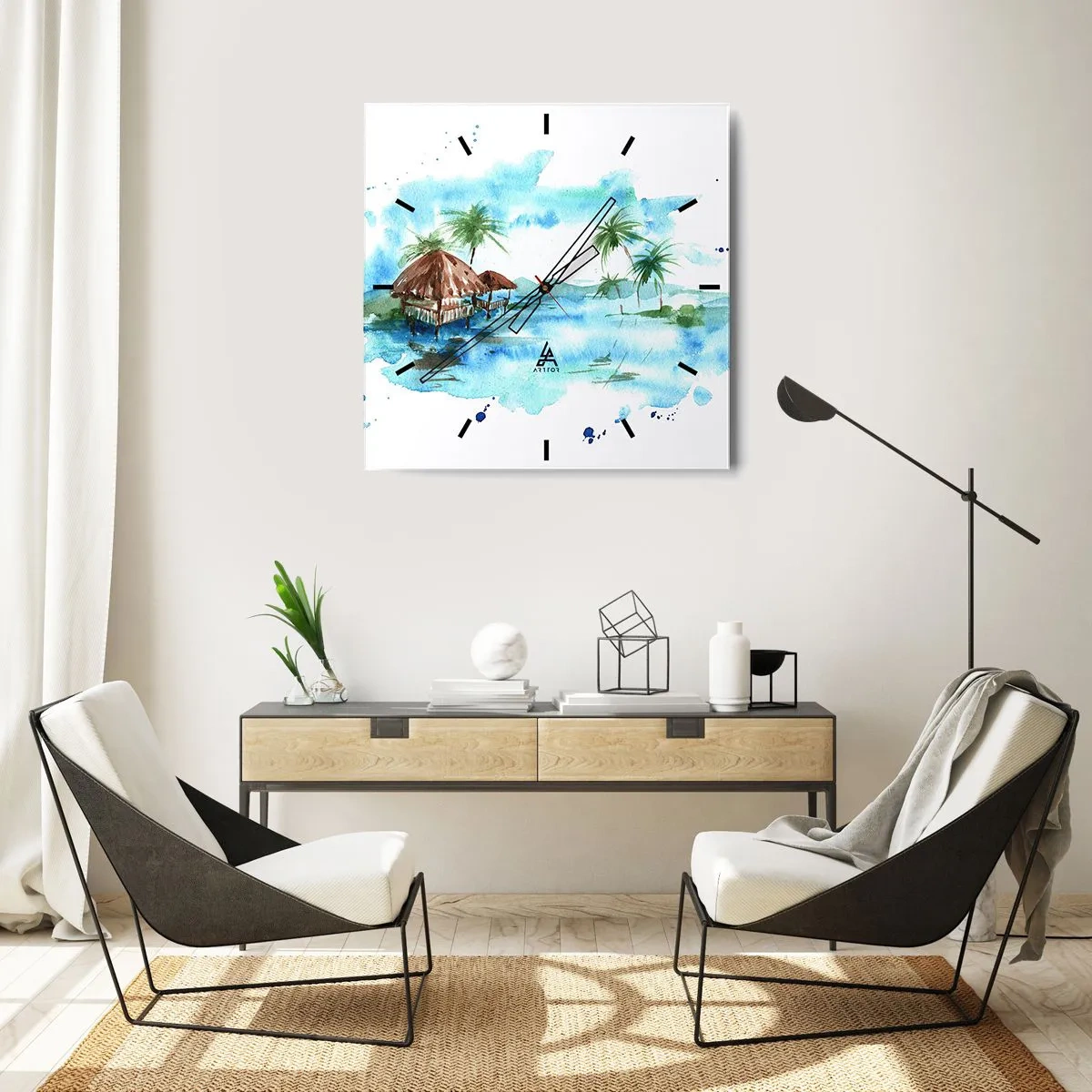 Wanduhr - Glasuhr - Aquarellmalerei einer tropischen Landschaft mit Häusern und Palmen - 30x30cm - Irgendwo im Pazifik - Moderne Wanddekoration für Wohnzimmer und Schlafzimmer ARTTOR