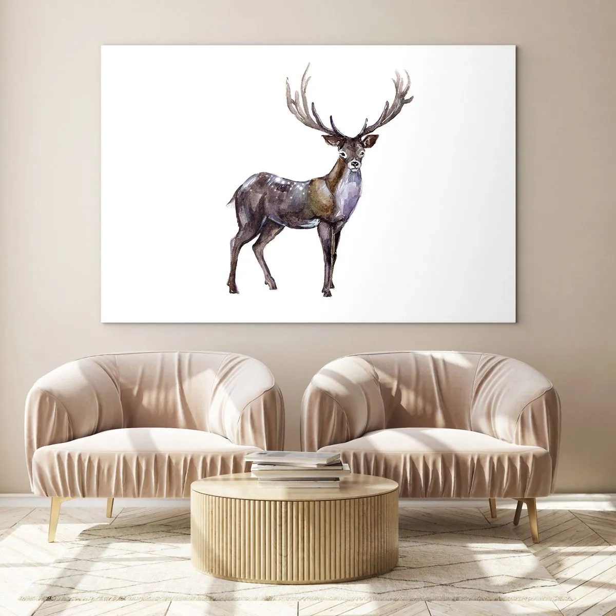Glasbild - Bild auf glas - Eleganter Aquarellhirsch - 120x80cm - König des nördlichen Waldes - Moderne Wanddekoration für Wohnzimmer und Schlafzimmer ARTTOR