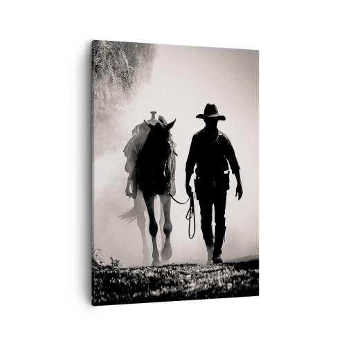 Bild auf Leinwand - Leinwandbild - Cowboy mit Pferd im Morgennebel - 50x70cm - Texas-Morgen - Moderne Wanddekoration für Wohnzimmer und Schlafzimmer ARTTOR