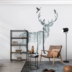 Fototapete Premium Canvas - Silhouette eines Hirsches mit Wald und Vögeln - 100x70cm - Guter Waldgeist - Moderne Wanddekoration für Wohnzimmer und Schlafzimmer ARTTOR