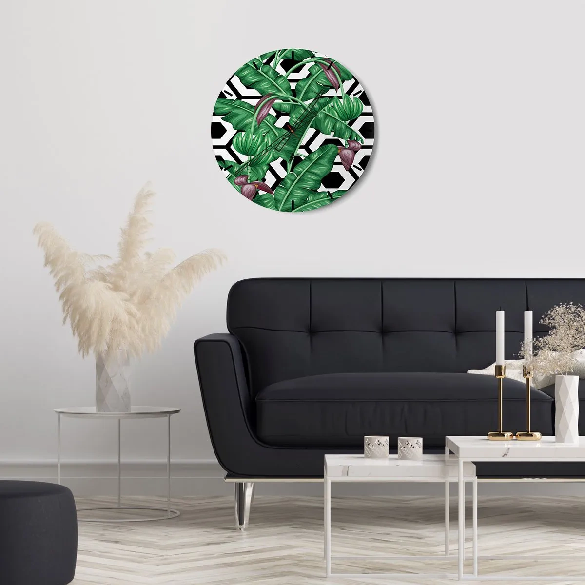 Wanduhr - Glasuhr - Tropische Bananenblätter auf geometrischem Hintergrund - 30x30cm - Von Natur aus eine symmetrische Komposition - Moderne Wanddekoration für Wohnzimmer, Küche und Schlafzimmer ARTTOR