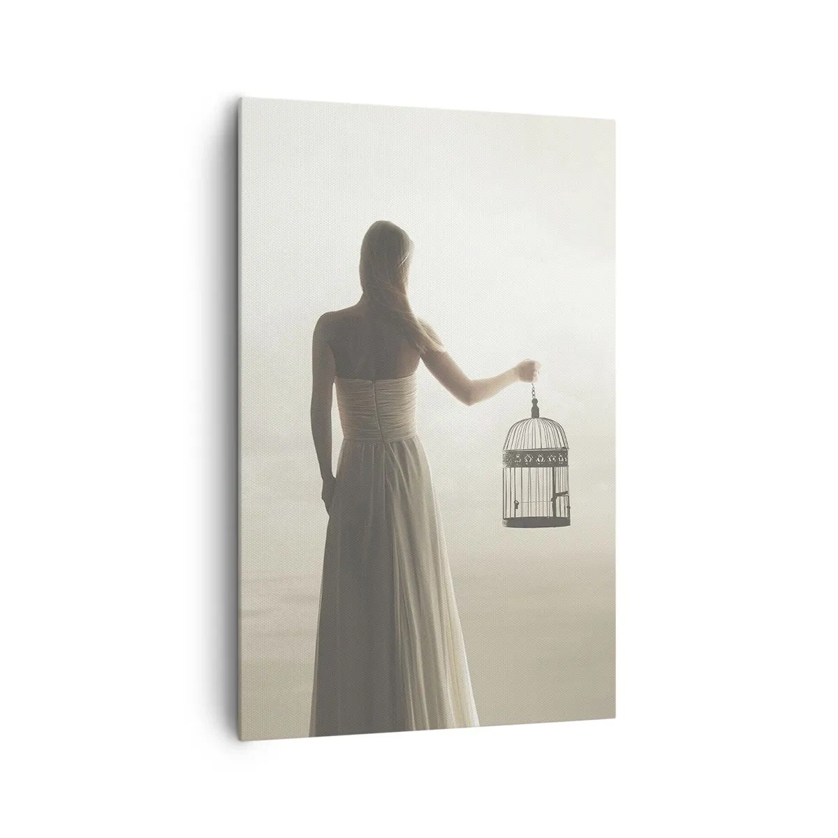 Bild auf Leinwand - Leinwandbild - Eine Frau mit einem Käfig vor einem ruhigen Himmel - 80x120cm - Sei frei - Moderne Wanddekoration für Wohnzimmer und Schlafzimmer ARTTOR