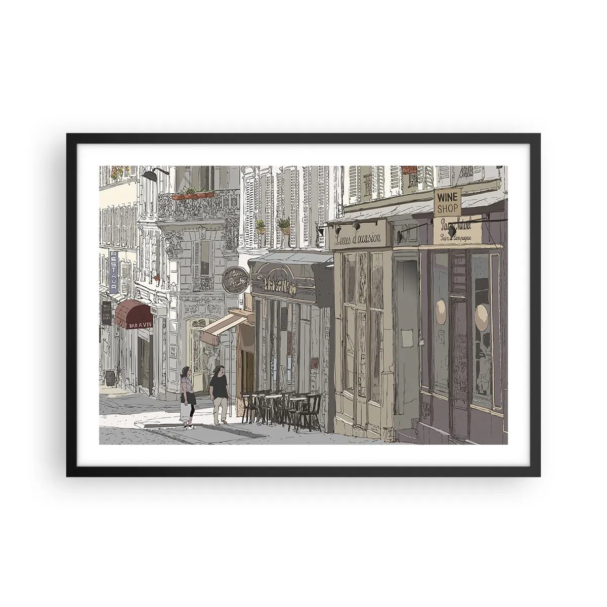 Poster in einem schwarzem Rahmen - Abbildung einer Stadtstraße mit Cafés und Geschäften - 70x50cm - Stadtfreuden - Moderne Wanddekoration für Wohnzimmer und Schlafzimmer ARTTOR