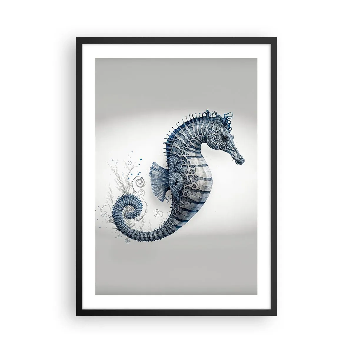 Poster in einem schwarzem Rahmen - Detaillierte Darstellung eines Seepferdchens auf hellem Hintergrund - 50x70cm - Subtiler Witz der Natur - Moderne Wanddekoration für Wohnzimmer und Schlafzimmer ARTTOR