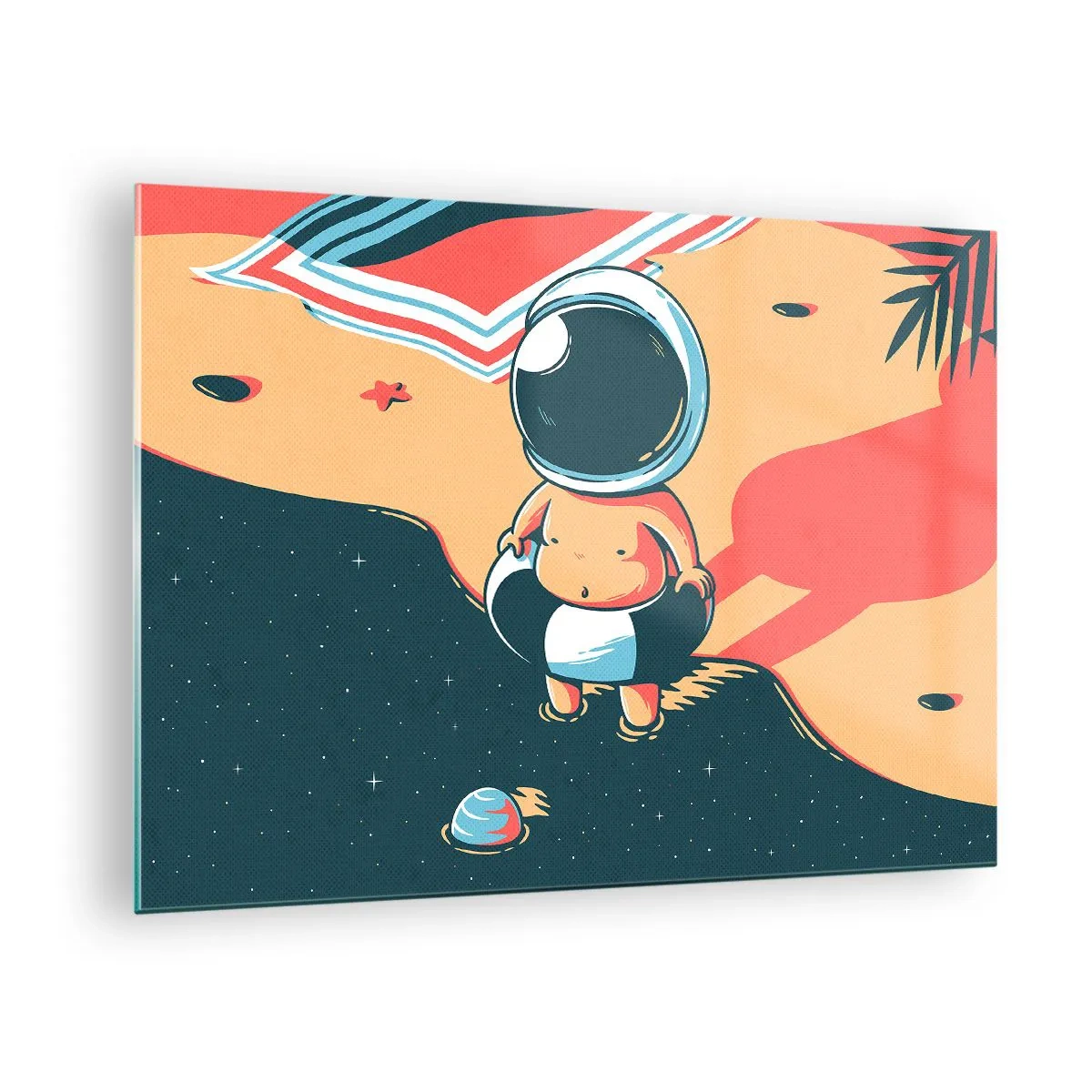 Glasbild - Bild auf glas - Astronautenfigur an einem Strand mit kosmischer Landschaft - 70x50cm - Aus einer anderen Perspektive - Moderne Wanddekoration für Wohnzimmer und Schlafzimmer ARTTOR